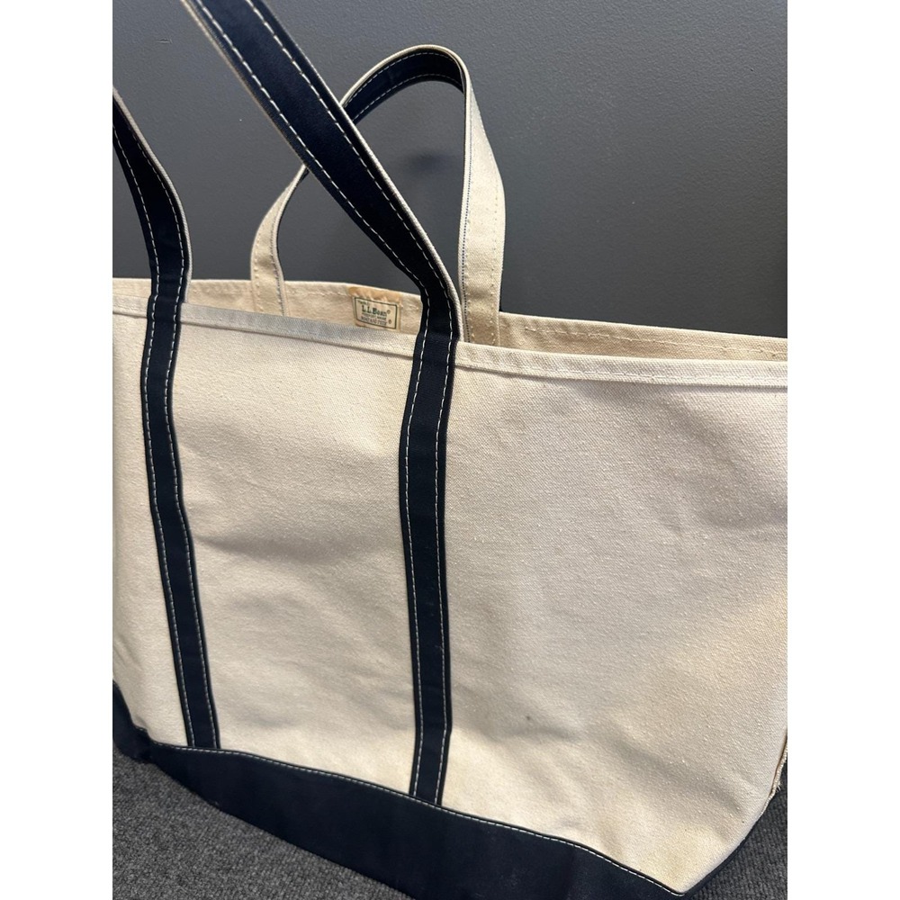 Vintage L.L. Bean Boat and Tote Canvas Bag Jumbo 80s Navy Cream Freeport Maine - Picture 2 of 14
